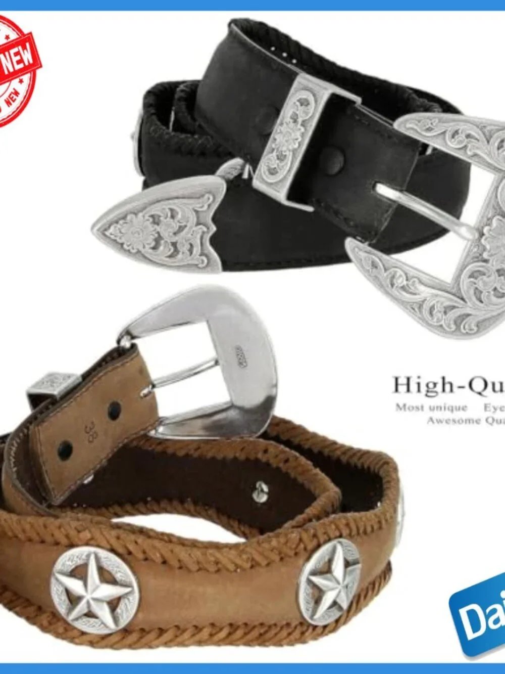 Men's Leather Belt with Star Conchos, Silver Buckle, Size 40